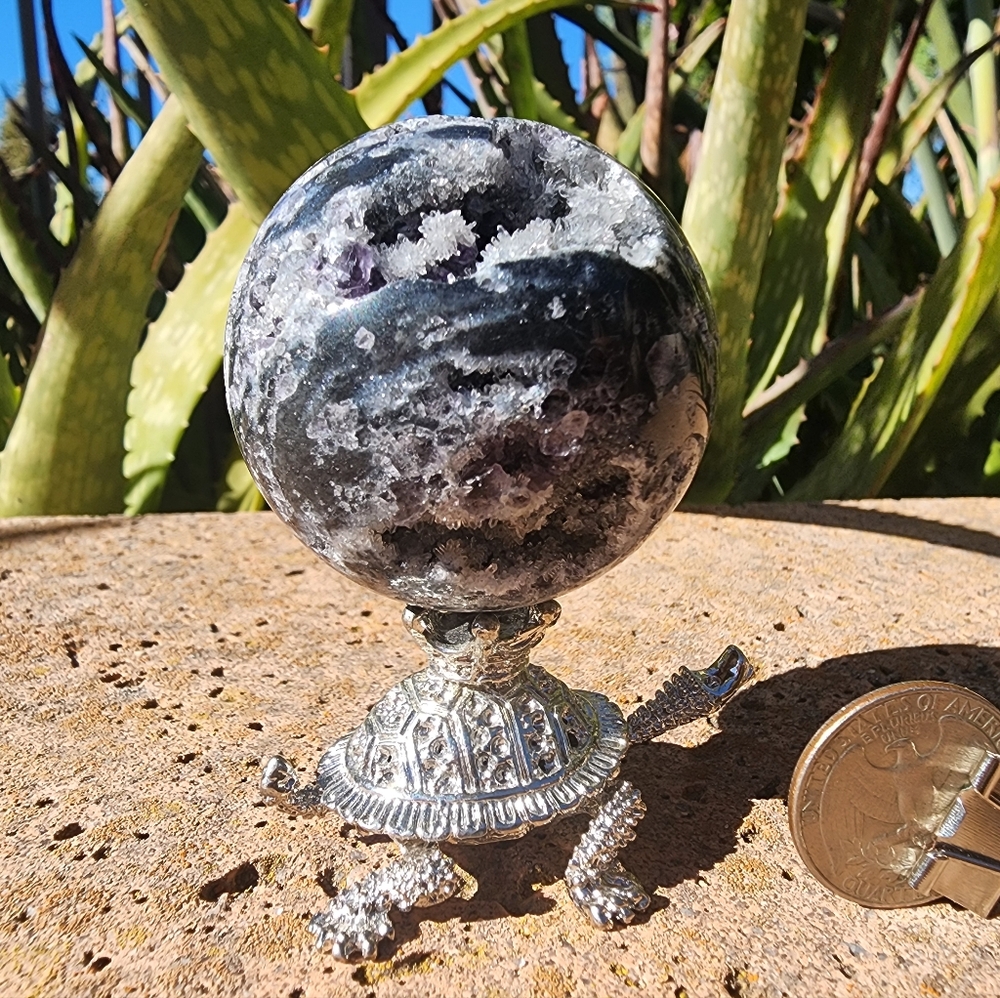 Druzy Sphalerite sphere with purple fluorite